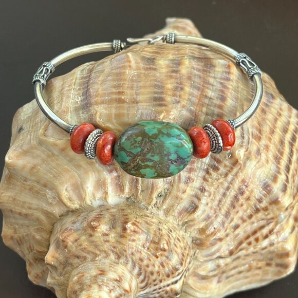 Vintage African Turquoise Stone with Red Coral and Bali Silver Bracelet OOAK - Picture 6 of 8